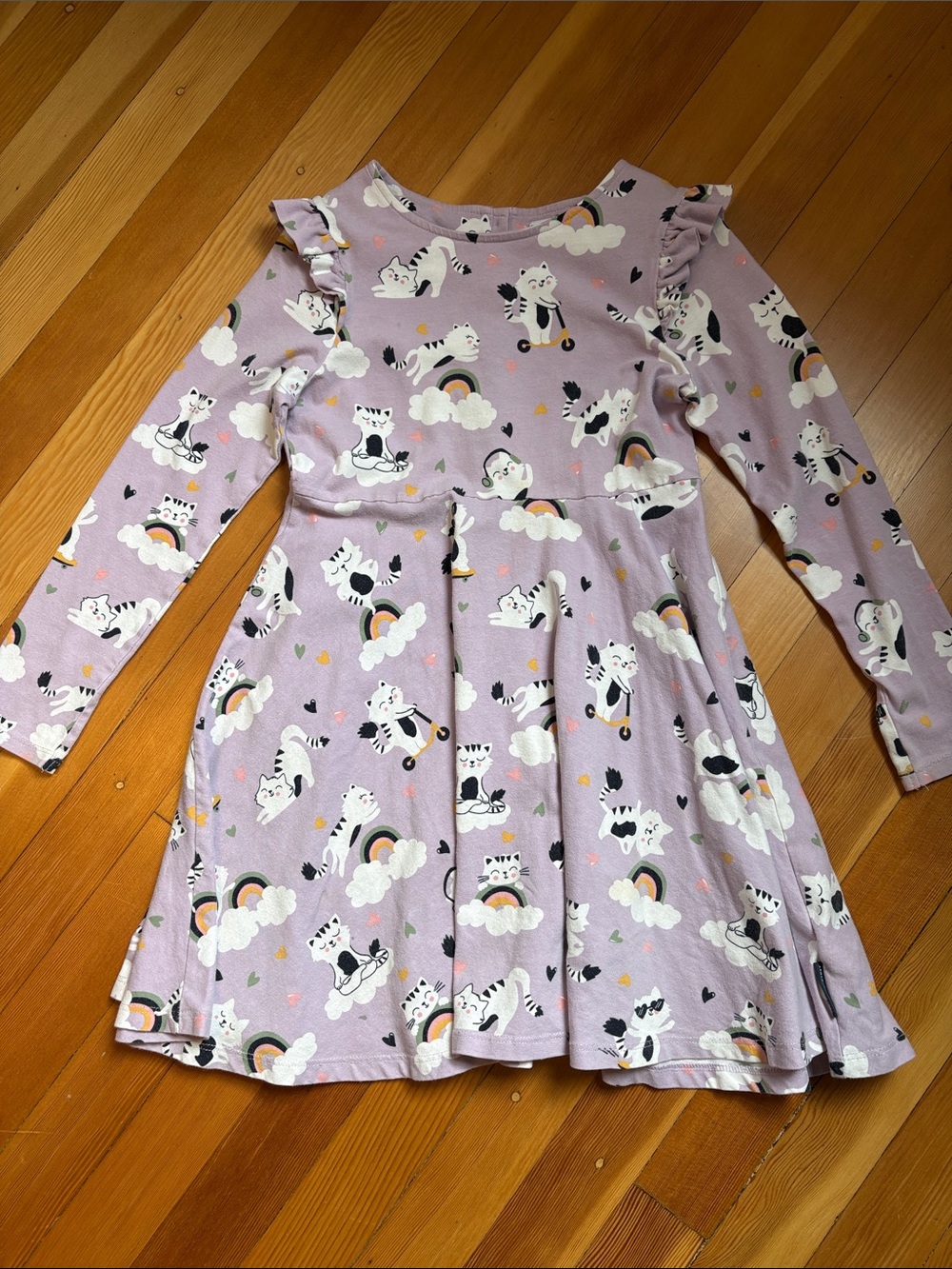 Polarn O. Pyret Lilac Cat & Rainbow Print Long-Sleeve Dress